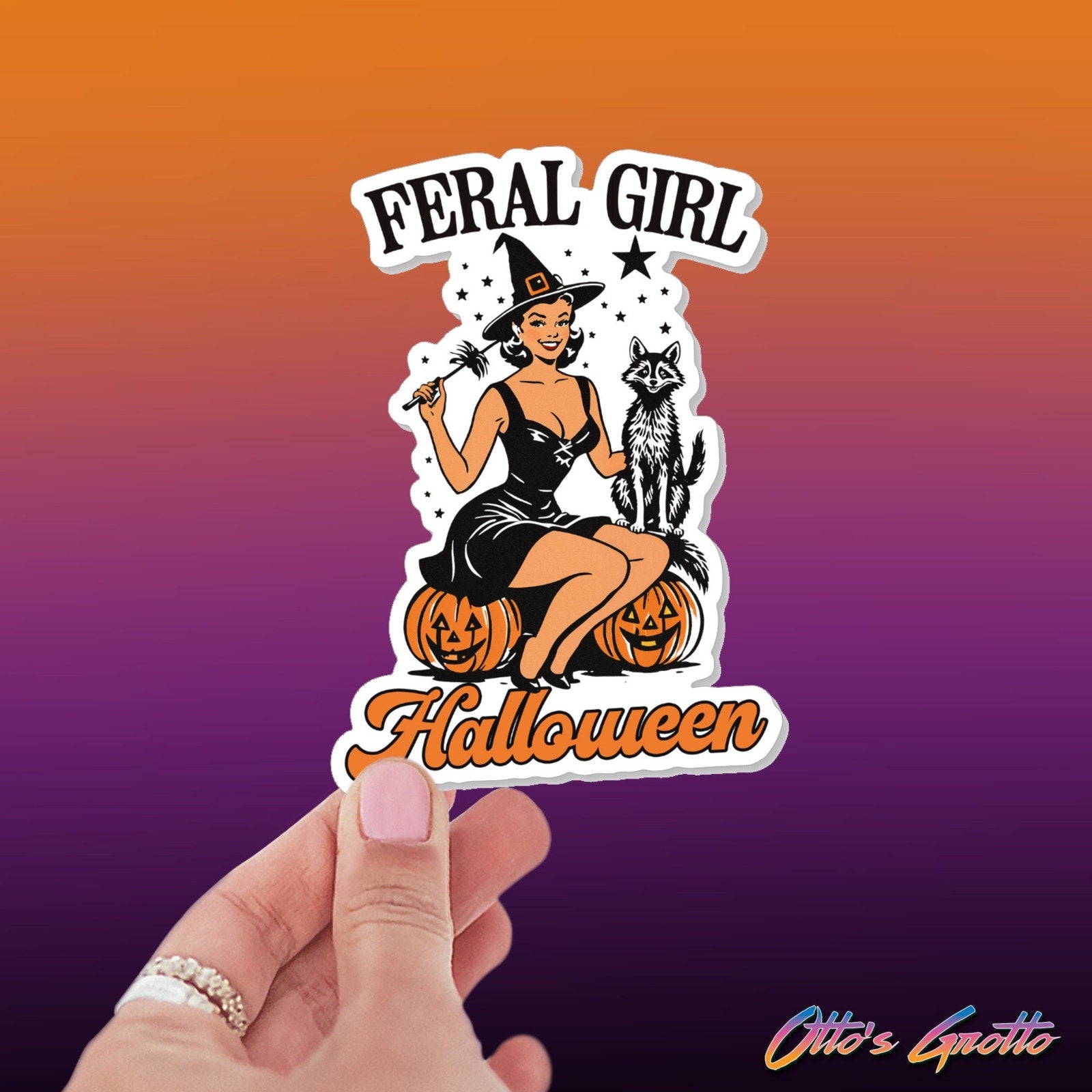 Feral Girl Halloween Sticker | Retro Witch & Raccoon Sticker