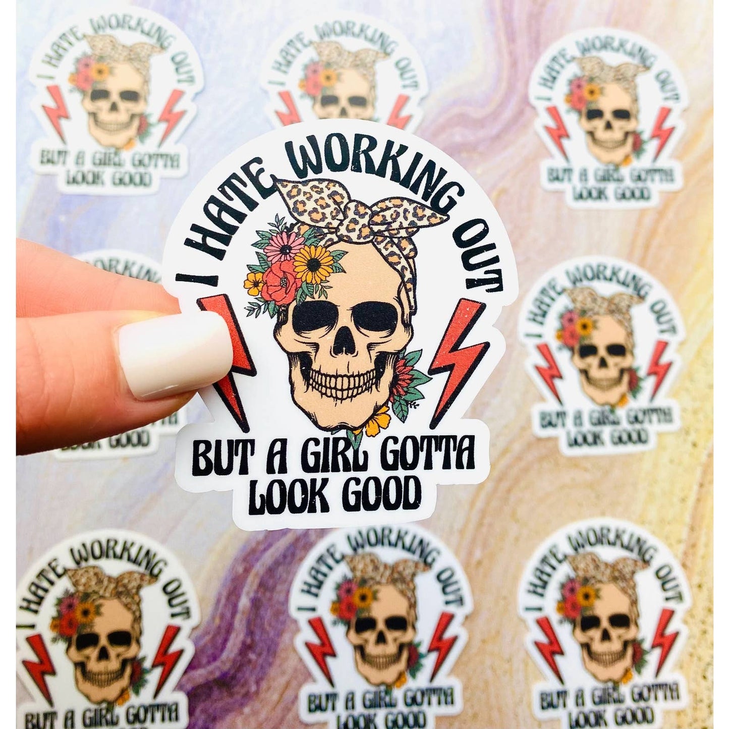 I Hate Working Out Sticker - Skull with Leopard Bow Workout Sticker for Gym & Weightlifting for Girls Women