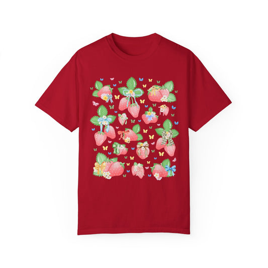 Cottagecore Strawberry Shirt with Coquette Bows