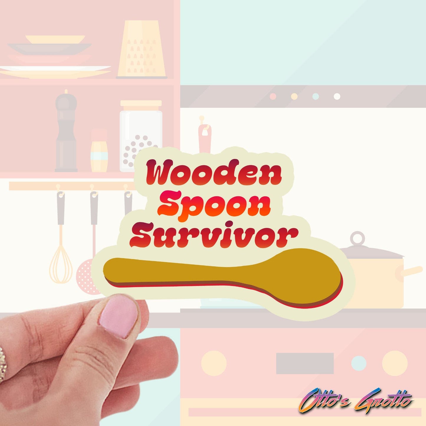 Retro Wooden Spoon Survivor - Funny Nostalgia Sticker for Eighties Kids