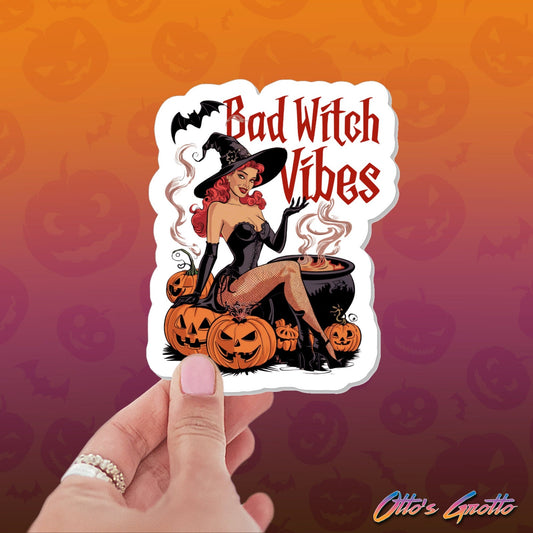 Bad Witch Vibes Sexy Pinup Witch Sticker | Sultry Halloween Sticker | Retro Pinup Witch Decal | Spooky & Sassy Halloween Sticker | Witchy