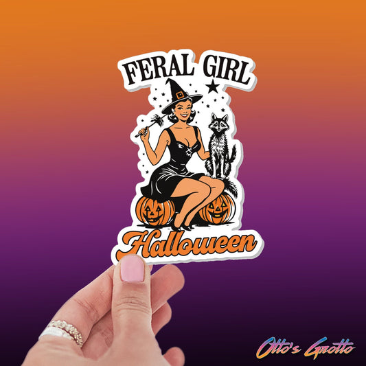 Feral Girl Halloween Sticker | Retro Witch & Raccoon Sticker | Cute Halloween Sticker | Vintage-Inspired Spooky Sticker | Witchy