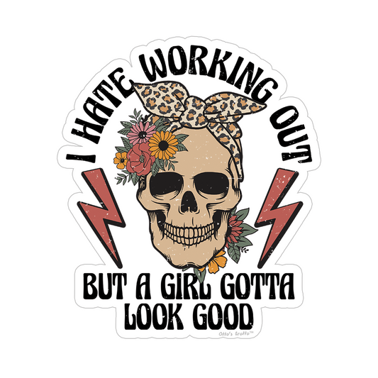 I Hate Working Out Sticker - Skull with Leopard Bow Workout Sticker for Gym & Weightlifting for Girls Women
