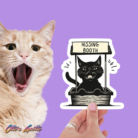 Funny Hissing Booth Cat Sticker - Unique Humorous Feline Decal for Laptop, Water Bottle, and Cat Lovers