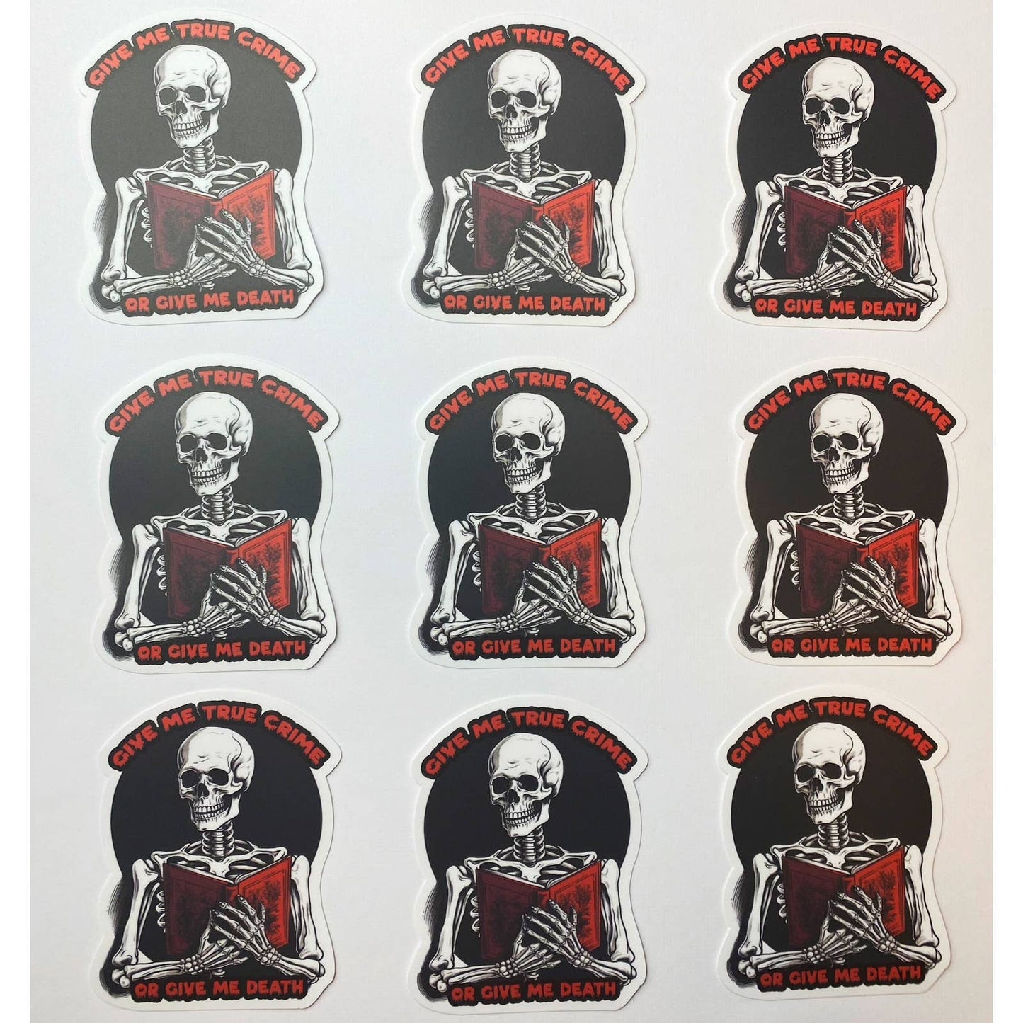 True Crime or Death Sticker, Skeleton with Book for True Crime Fans, Reading, Reader Sticker Maroon and Black for Mystery lovers