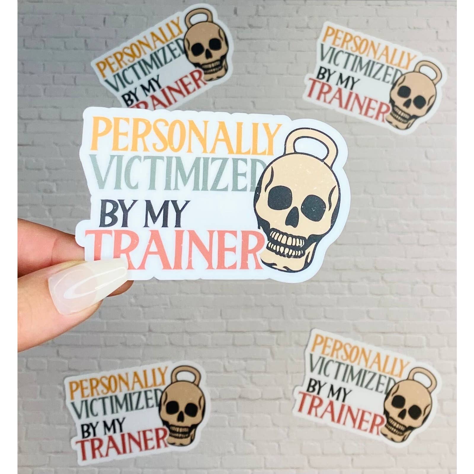 Personal Trainer Sticker - Personally Victimized By My Trainer - Funny Skull Kettlebell Sticker for Gym Water Bottle