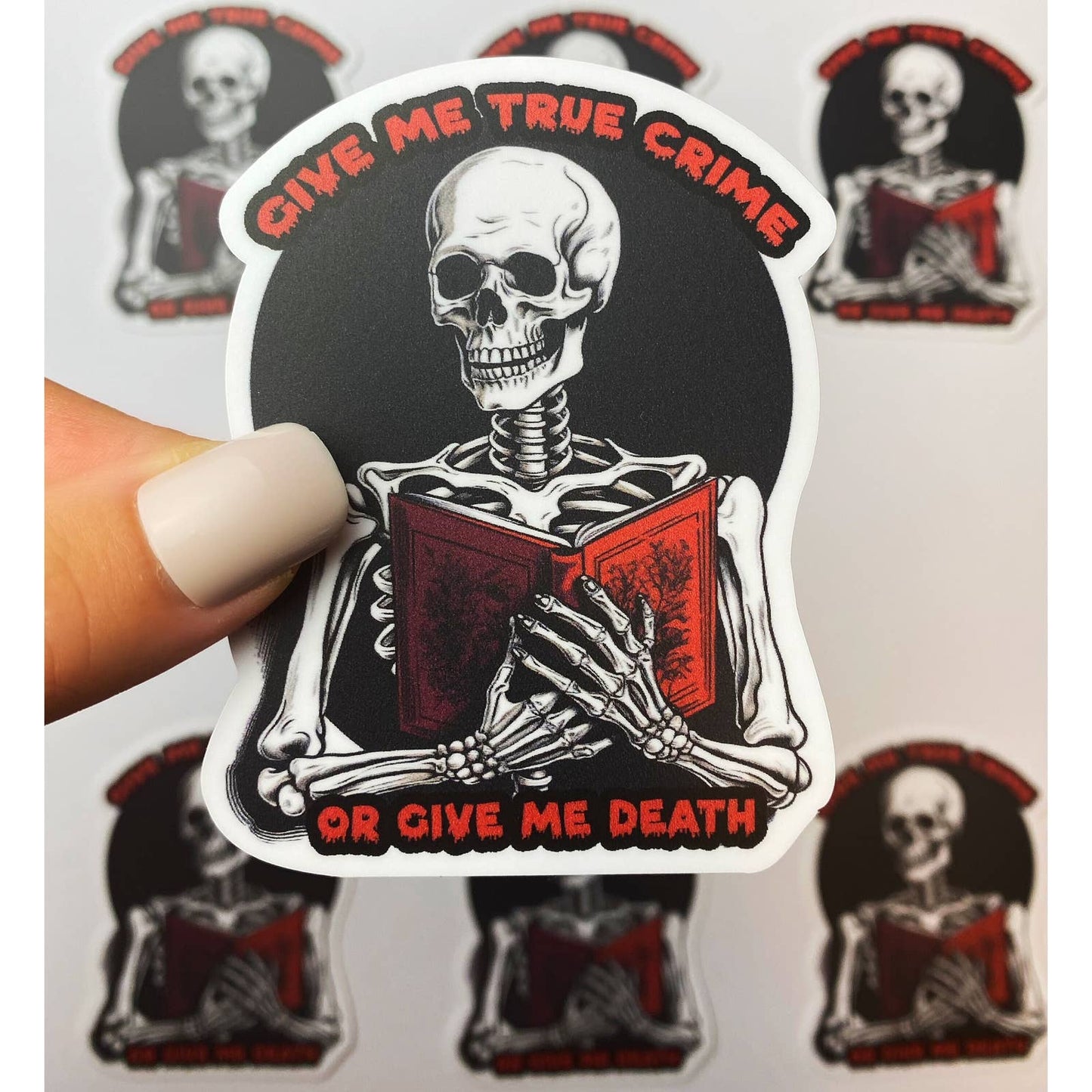 True Crime or Death Sticker, Skeleton with Book for True Crime Fans, Reading, Reader Sticker Maroon and Black for Mystery lovers