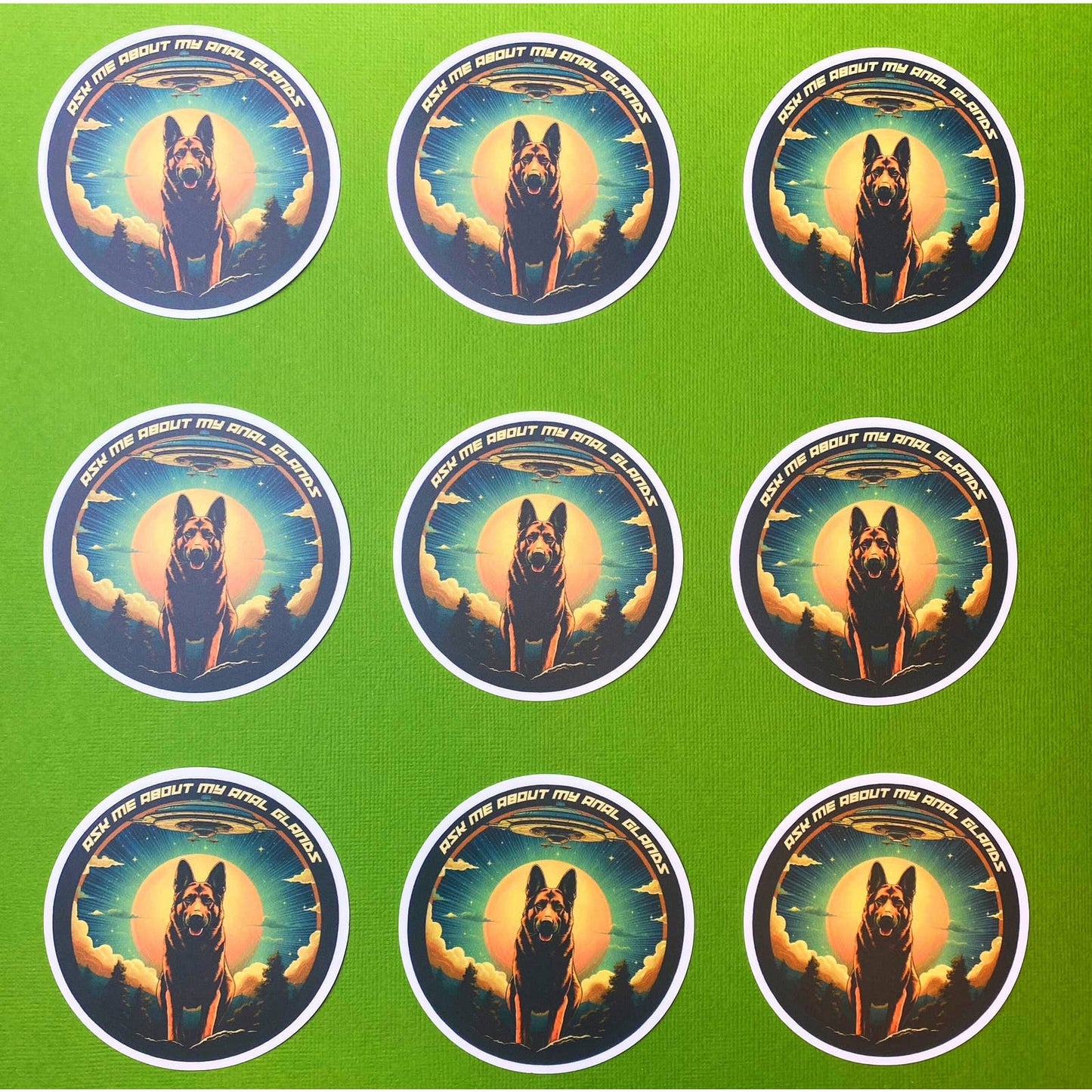 Ask Me About My Anal Glands Sticker - German Shepherd UFO Encounter K9 Handler Sticker Funny Dog Sticker