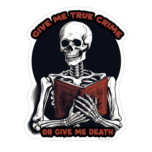 True Crime or Death Sticker, Skeleton with Book for True Crime Fans, Reading, Reader Sticker Maroon and Black for Mystery lovers