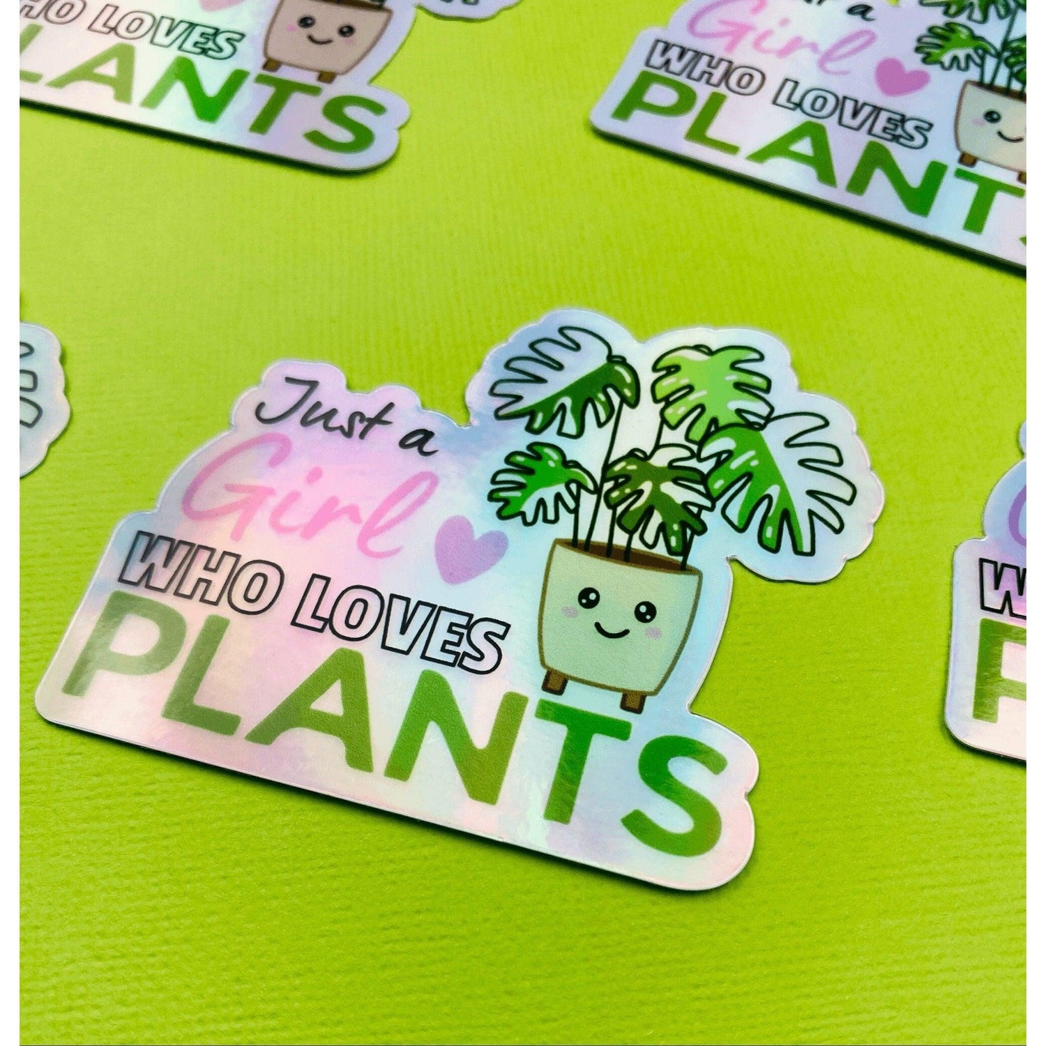 Hologram Kawaii Plant Love Sticker, Girl Who Loves Plants Sticker, Variegated Rare Plant Hologram Sticker for Plant Lovers - Ottos Grotto :: Stickers For Your Stuff