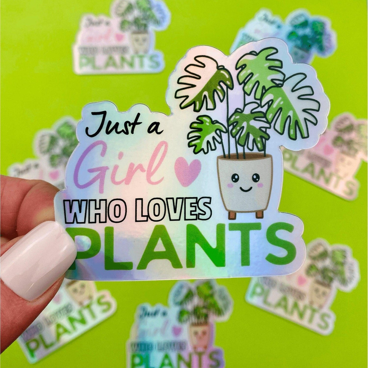 Hologram Kawaii Plant Love Sticker, Girl Who Loves Plants Sticker, Variegated Rare Plant Hologram Sticker for Plant Lovers - Ottos Grotto :: Stickers For Your Stuff