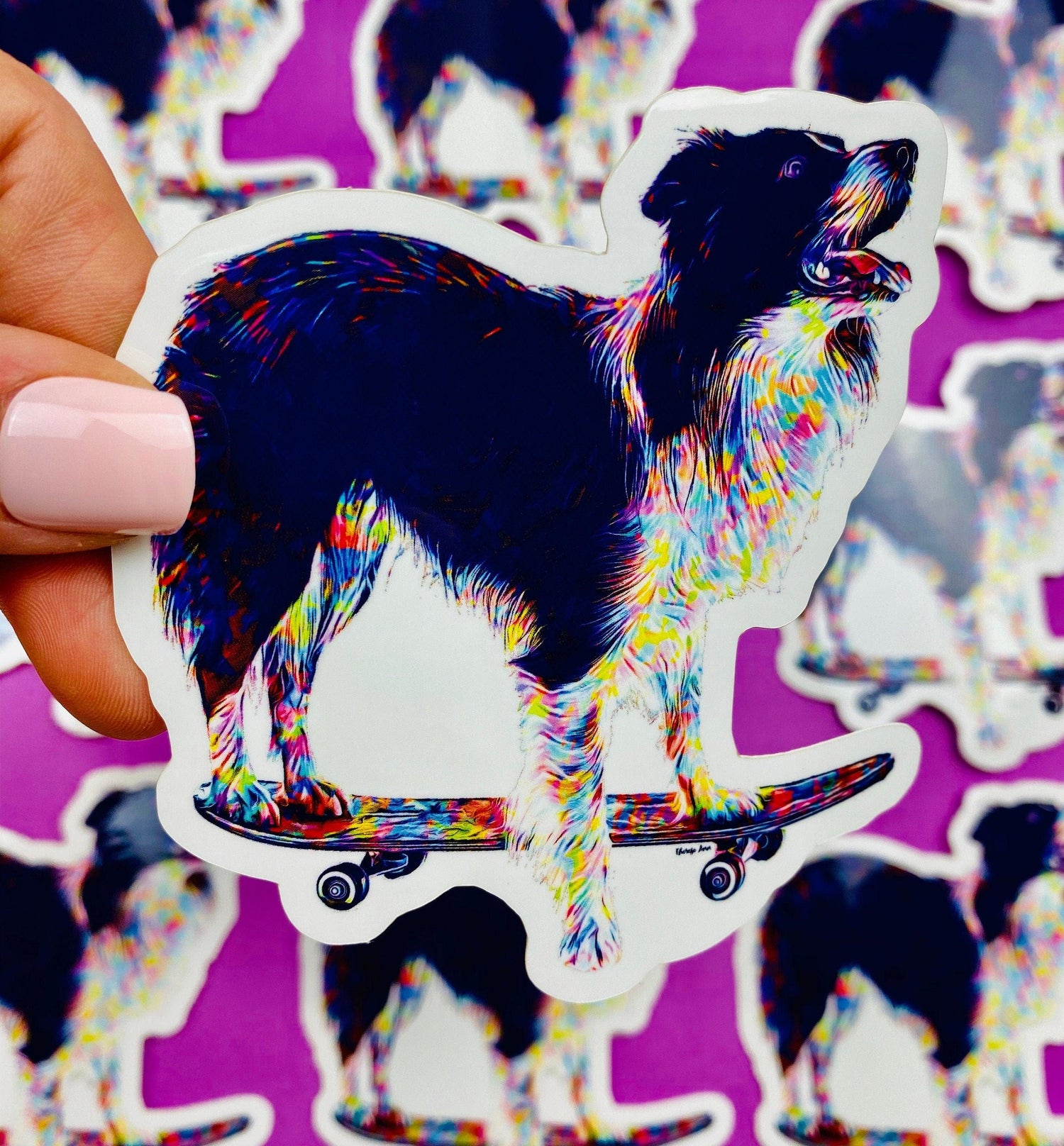 Border Collie Skateboard Sticker Colorful Abstract Cute Border Collie Dog Decal for Car, Hydroflask, Fun Border Collie on a Skateboard Art - Ottos Grotto :: Stickers For Your Stuff
