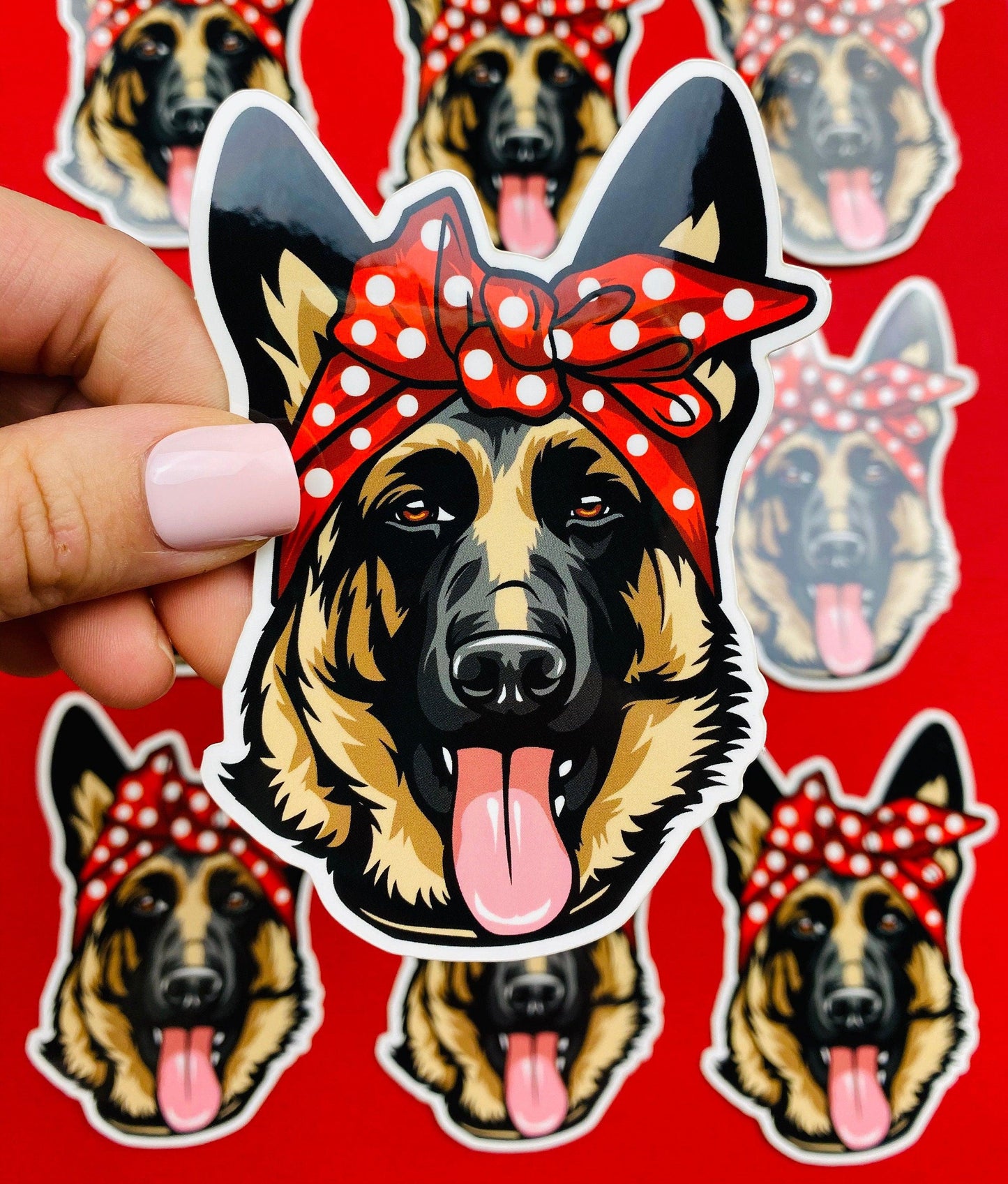 German Shepherd Sticker Red Polka Dot Bow Bandana Cute GSD Dog Decal for Car, Hydroflask, Gifts Under 5 for GSD Shepherd Mom Owner - Ottos Grotto :: Stickers For Your Stuff
