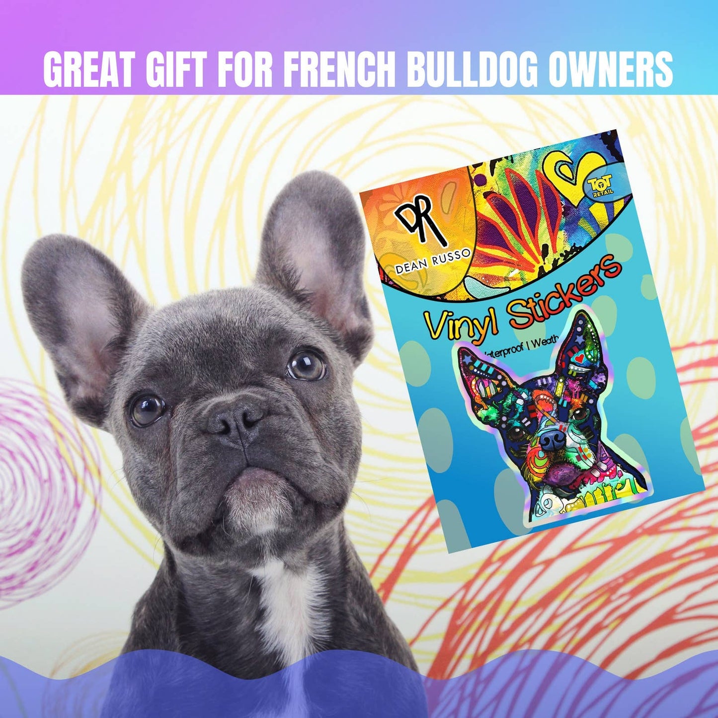 French Bulldog Gift - Holographic Frenchie Sticker Officially Licensed Dean Russo French Bulldog Stickers Waterproof Stickers French Bulldog
